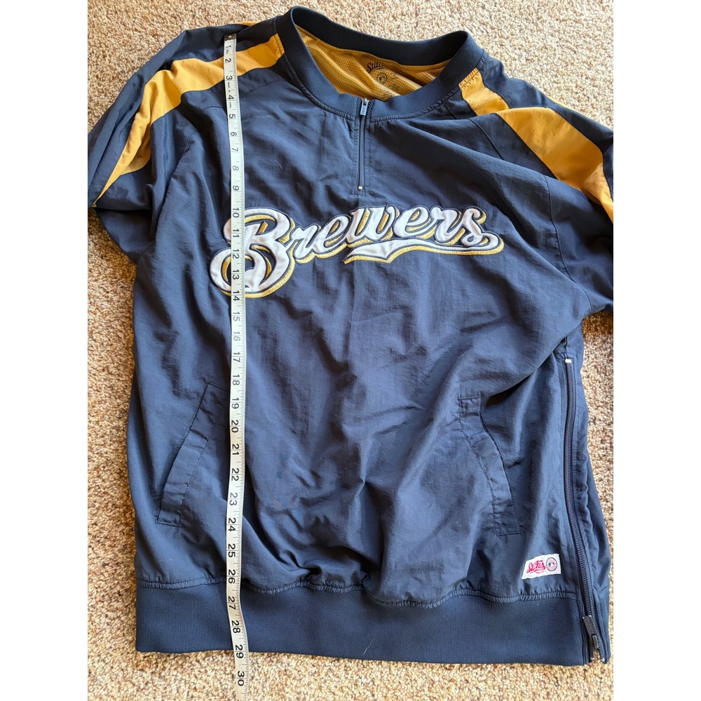 Stitches Milwaukee Brewers MLB Windbreaker Navy Gold Quarter Zip Mens Large - Picture 3 of 8